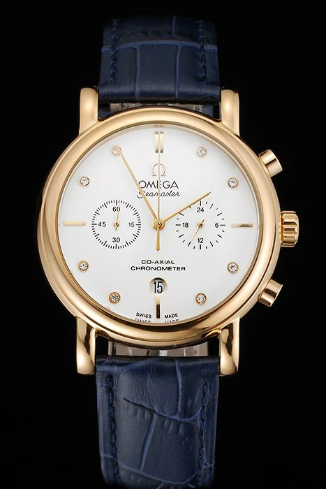 Omega Seamaster Vintage Chronograph White Dial Diamond Hour Marks Gold Case Blue Leather Strap new122597
