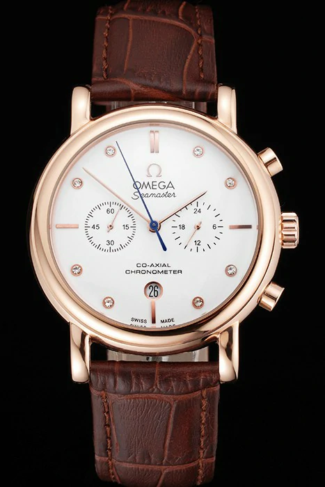 Omega Seamaster Vintage Chronograph White Dial Diamond Hour Marks Rose Gold Case Brown Leather Strap new122598