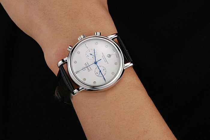 Omega Seamaster Vintage Chronograph White Dial Diamond Hour Marks Stainless Steel Case Black Leather Strap new122599