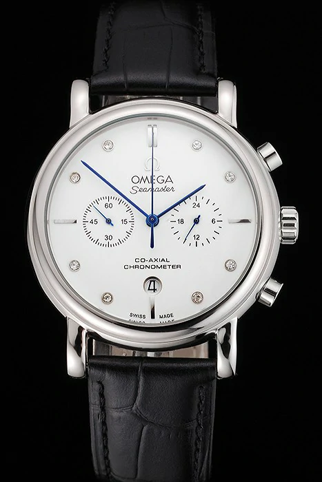 Omega Seamaster Vintage Chronograph White Dial Diamond Hour Marks Stainless Steel Case Black Leather Strap new122599