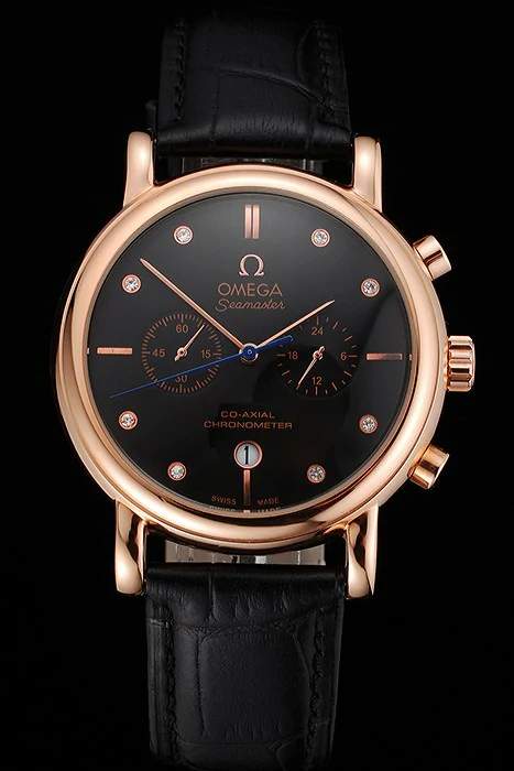Omega Seamaster Vintage Chronograph Black Dial Diamond Hour Marks Rose Gold Case Black Leather Strap new122600