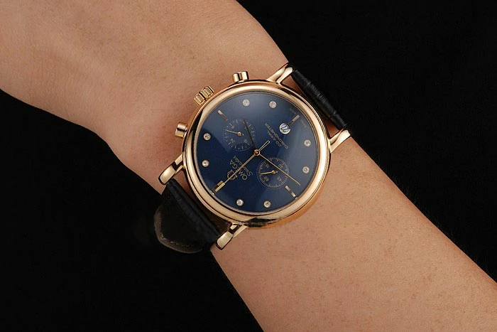 Omega Seamaster Vintage Chronograph Blue Dial Diamond Hour Marks Gold Case Black Leather Strap new122602