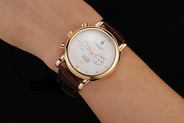 Omega Seamaster Vintage Chronograph White Dial Gold Case Brown Leather Strap new122603