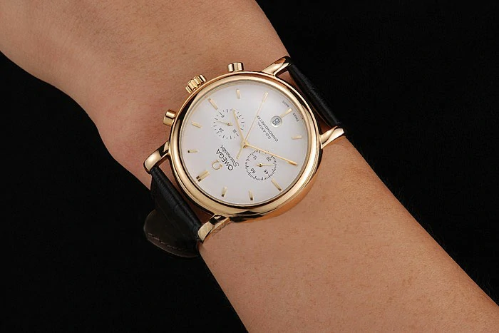 Omega Seamaster Vintage Chronograph White Dial Gold Case Black Leather Strap new122604