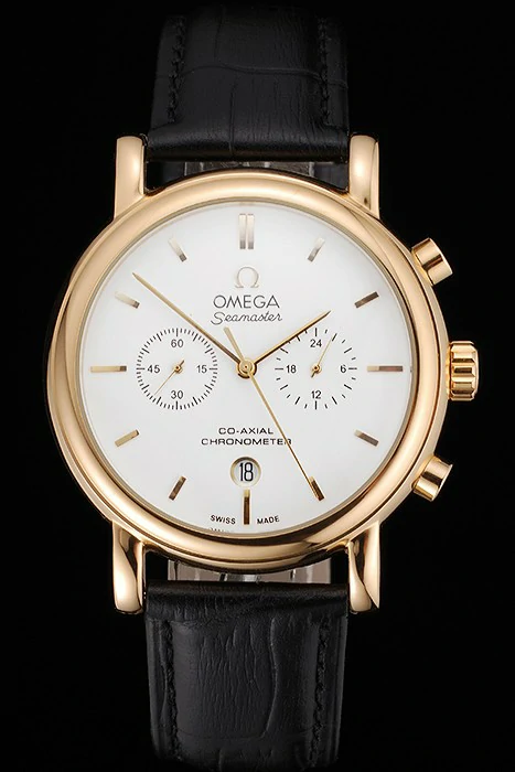 Omega Seamaster Vintage Chronograph White Dial Gold Case Black Leather Strap new122604