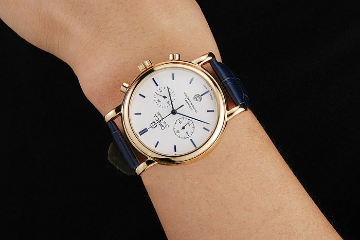 Omega Seamaster Vintage Chronograph White Dial Blue Hour Marks Gold Case Blue Leather Strap new122605