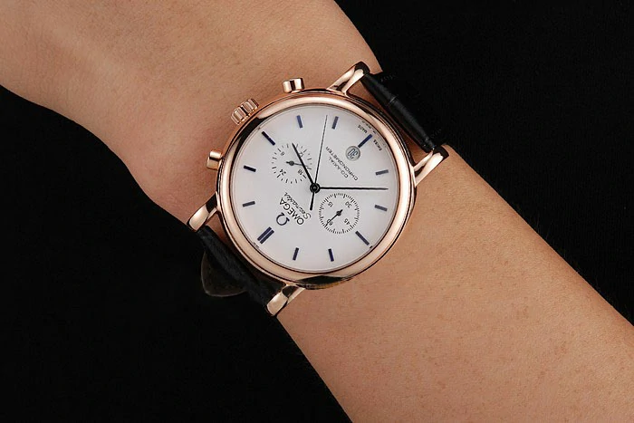 Omega Seamaster Vintage Chronograph White Dial Blue Hour Marks Rose Gold Case Black Leather Strap new122607
