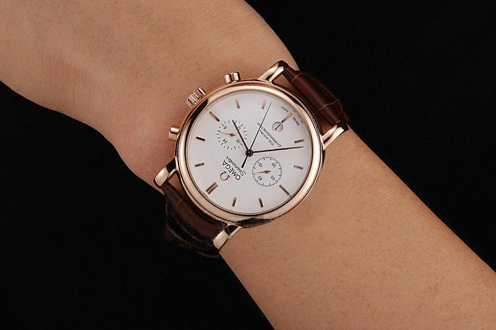 Omega Seamaster Vintage Chronograph White Dial Rose Gold Case Brown Leather Strap new122608