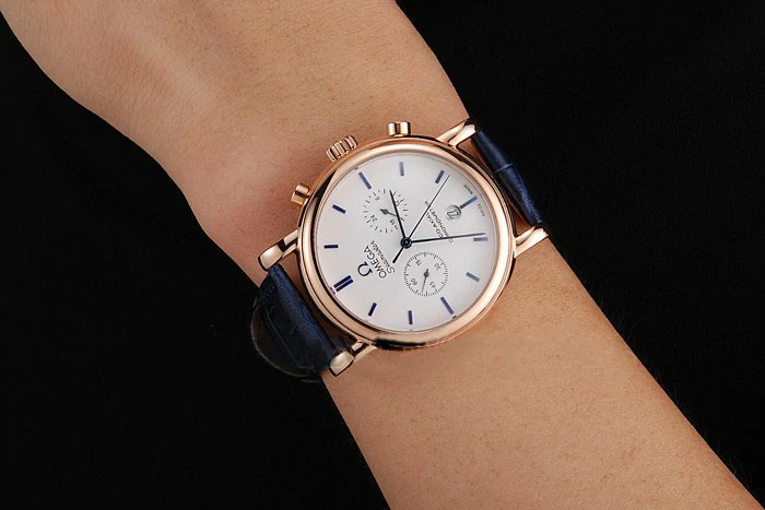 Omega Seamaster Vintage Chronograph White Dial Blue Hour Marks Rose Gold Case Blue Leather Strap new122610