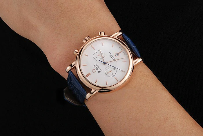 Omega Seamaster Vintage Chronograph White Dial Rose Gold Case Blue Leather Strap new122611