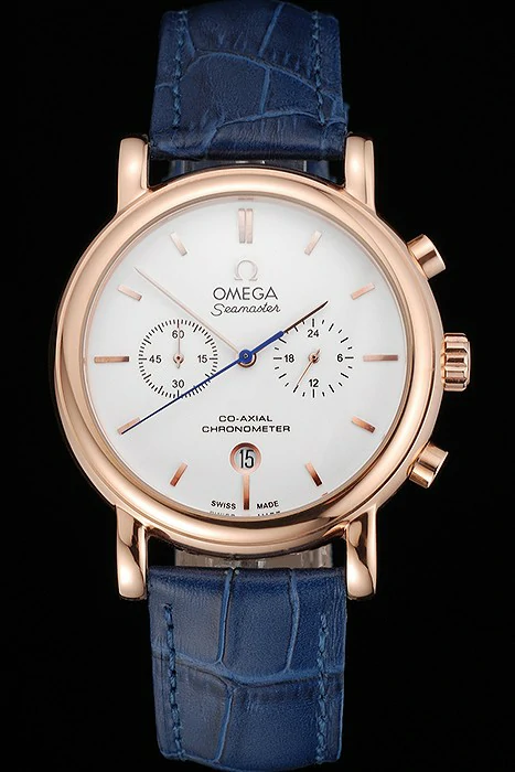 Omega Seamaster Vintage Chronograph White Dial Rose Gold Case Blue Leather Strap new122611