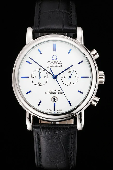 Omega Seamaster Vintage Chronograph White Dial Blue Hour Marks Stainless Steel Case Black Leather Strap new122612
