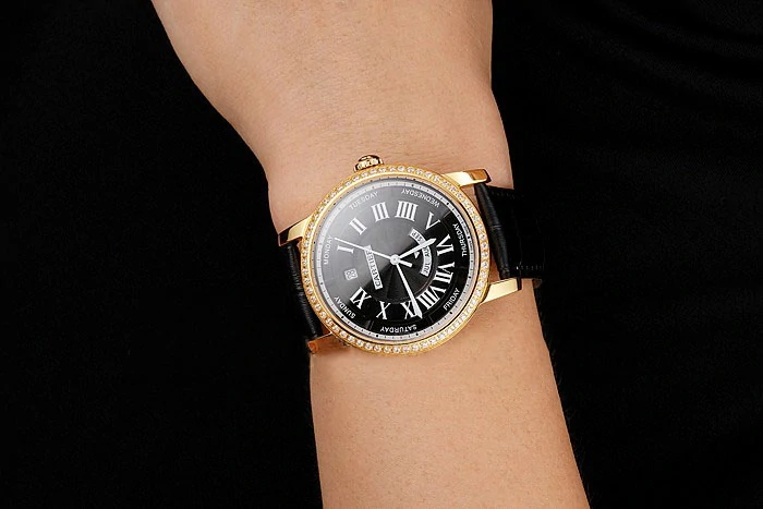 Cartier Rotonde Annual Calendar Black Dial Diamond Bezel Gold Case Black Leather Strap new122739