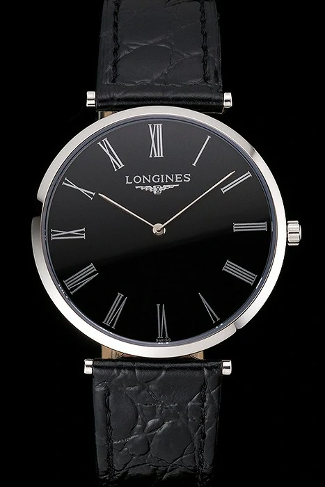 Longines Grande Classique Black Dial Roman Numerals Stainless Steel Case Black Leather Strap new122751