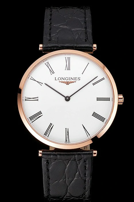 Longines Grande Classique White Dial Roman Numerals Rose Gold Case Black Leather Strap new122756