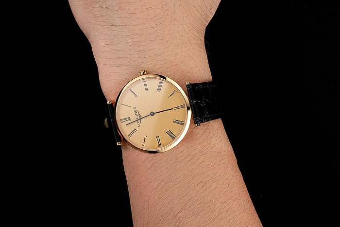 Longines Grande Classique Gold Dial Roman Numerals Gold Case Black Leather Strap new122760