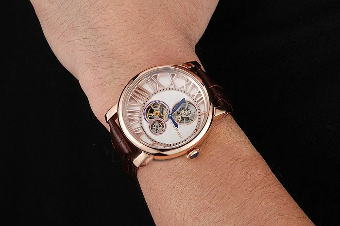 Cartier Rotonde De Cartier Flying Tourbillon White Dial Rose Gold Numerals Rose Gold Case Brown Leather Strap new122917