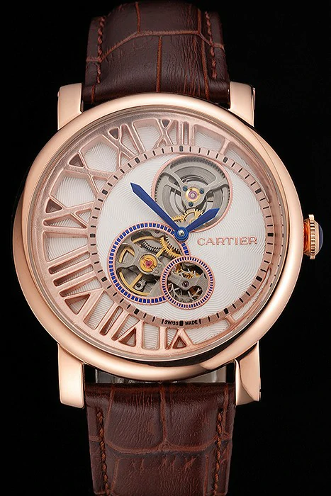 Cartier Rotonde De Cartier Flying Tourbillon White Dial Rose Gold Numerals Rose Gold Case Brown Leather Strap new122917