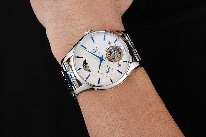 Omega De Ville Moonphase Tourbillon White Dial Stainless Steel Case Two Tone Steel Blue Bracelet new122946