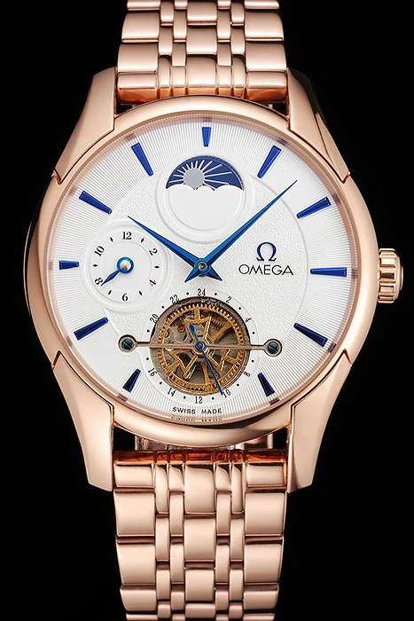 Omega De Ville Moonphase Tourbillon White Dial Blue Hands Rose Gold Case And Bracelet new122949
