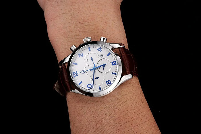 Omega Chronograph White Dial Blue Numerals Stainless Steel Case Brown Leather Strap new123351