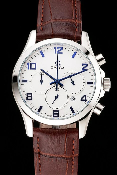 Omega Chronograph White Dial Blue Numerals Stainless Steel Case Brown Leather Strap new123351