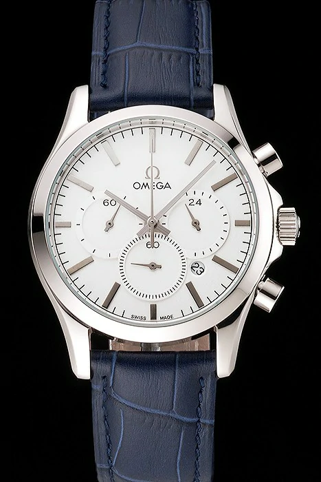 Omega Chronograph White Dial Stainless Steel Case Blue Leather Strap new123352