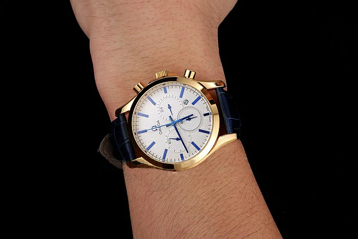Omega Chronograph White Dial Gold Case Blue Leather Strap new123354