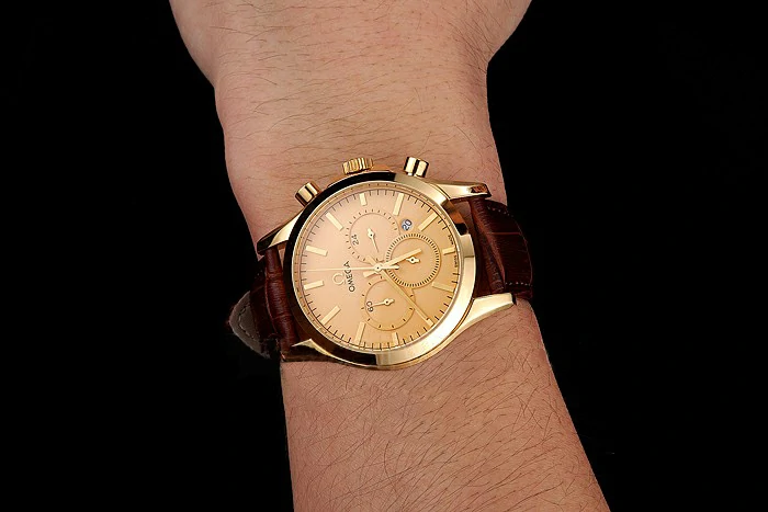 Omega Chronograph Gold Dial Gold Case Brown Leather Strap new123355