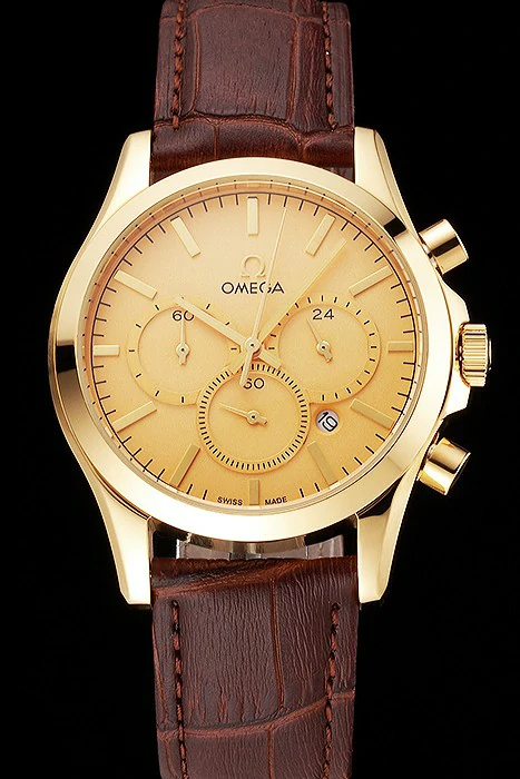 Omega Chronograph Gold Dial Gold Case Brown Leather Strap new123355