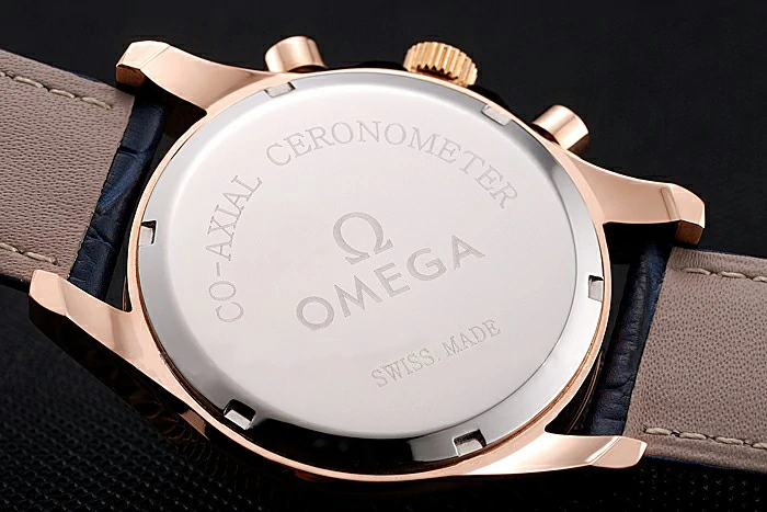 Omega Chronograph White Dial Rose Gold Case Blue Leather Strap new123357