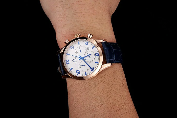 Omega Chronograph White Dial Rose Gold Case Blue Leather Strap new123357