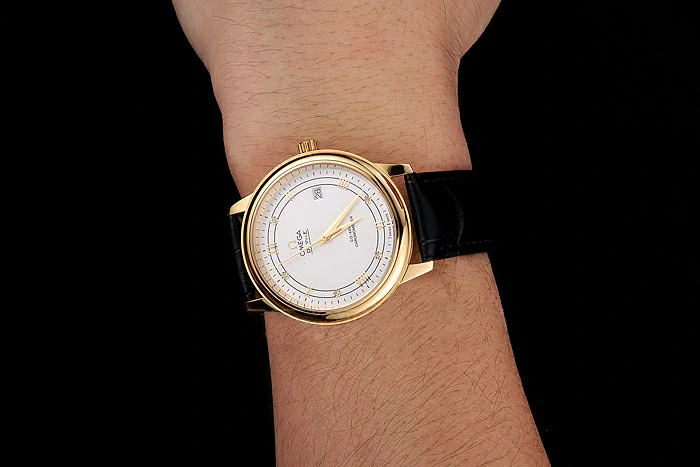 Omega De Ville Prestige White Dial Gold Case Black Leather Strap new123359