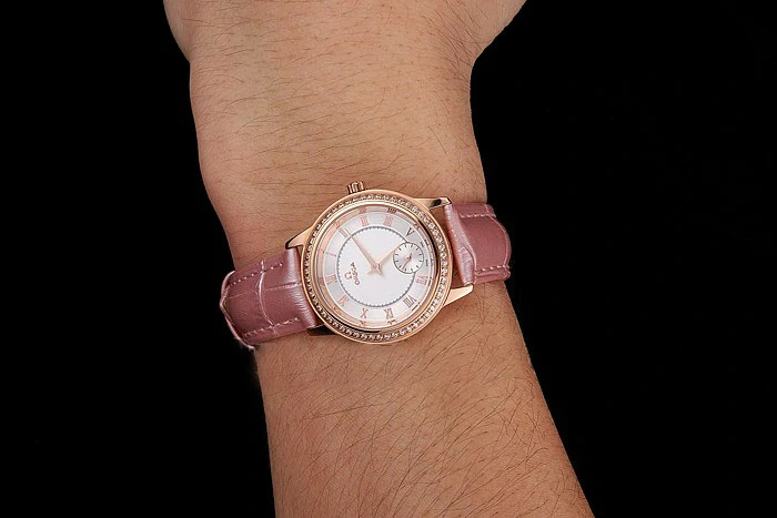 Omega De Ville Prestige Small Seconds White Dial Diamond Bezel Rose Gold Case Pink Leather Strap new123371