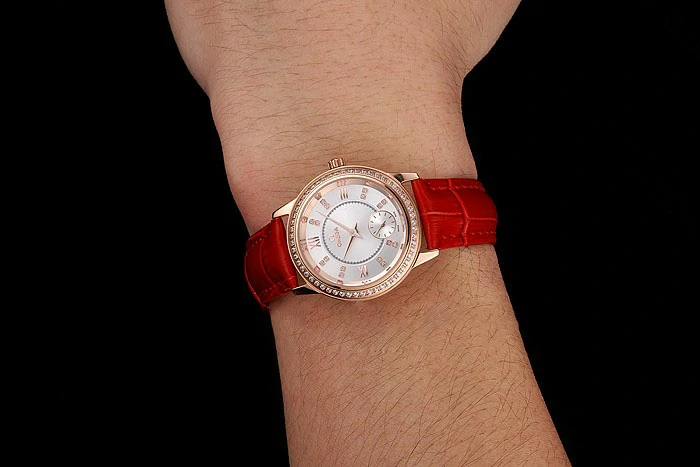 Omega De Ville Prestige Small Seconds White Dial Diamond Bezel Rose Gold Case Red Leather Strap new123372