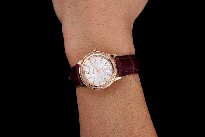 Omega De Ville Prestige Small Seconds White Dial Diamond Bezel Rose Gold Case Purple Leather Strap new123373