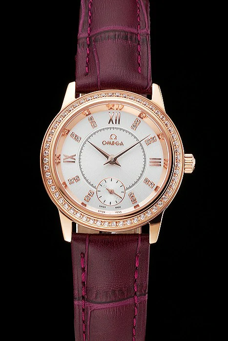 Omega De Ville Prestige Small Seconds White Dial Diamond Bezel Rose Gold Case Purple Leather Strap new123373