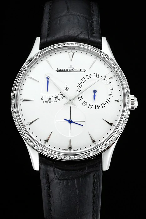 Jaeger LeCoultre Master Ultra Thin Reserve De Marche White Dial Diamond Bezel Stainless Steel Case Black Leather Strap new123394