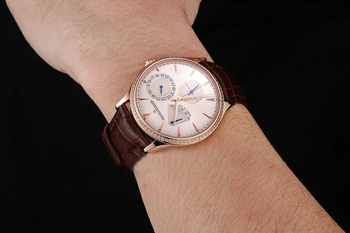 Jaeger LeCoultre Master Ultra Thin Reserve De Marche Silver Dial Diamond Bezel Rose Gold Case Brown Leather Strap new123396