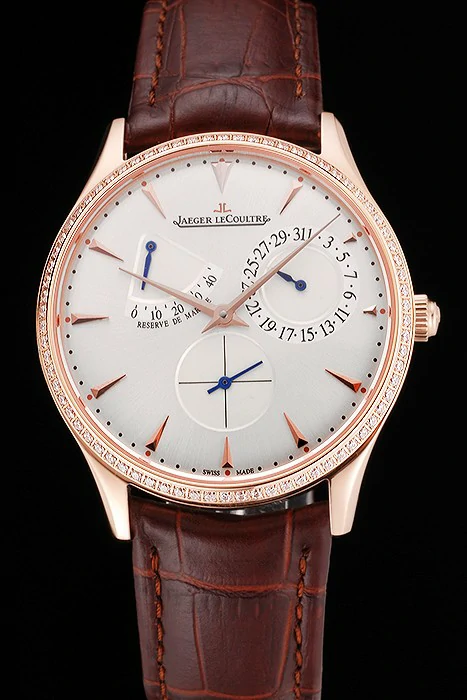 Jaeger LeCoultre Master Ultra Thin Reserve De Marche Silver Dial Diamond Bezel Rose Gold Case Brown Leather Strap new123396