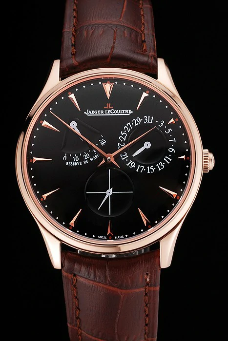 Jaeger LeCoultre Master Ultra Thin Reserve De Marche Black Dial Rose Gold Case Brown Leather Strap new123397