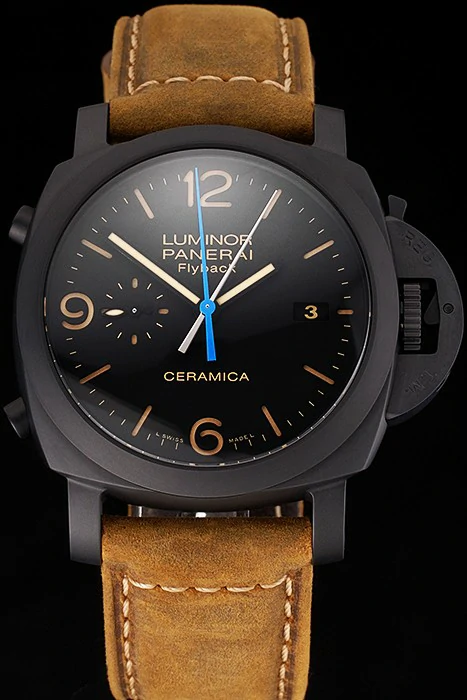 Panerai Luminor Ceramica Flyback Black Dial Black Case Brown Leather Strap new123415
