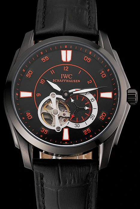 IWC Pilot's Watch Black Dial With Orange Markings Black Plated Stainless Steel Case Black Leather Strap new123567