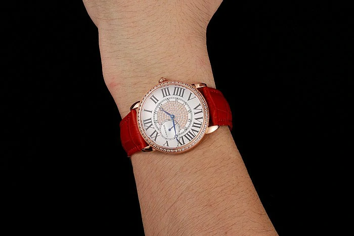 Cartier Ronde Louis Gold Diamond Case White Dial Red Leather Bracelet new124457