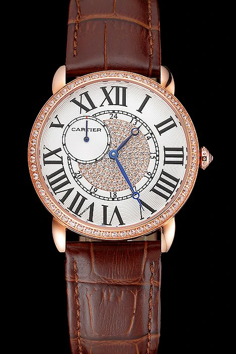 Cartier Ronde Louis Gold Diamond Case White Dial Brown Leather Bracelet new124458