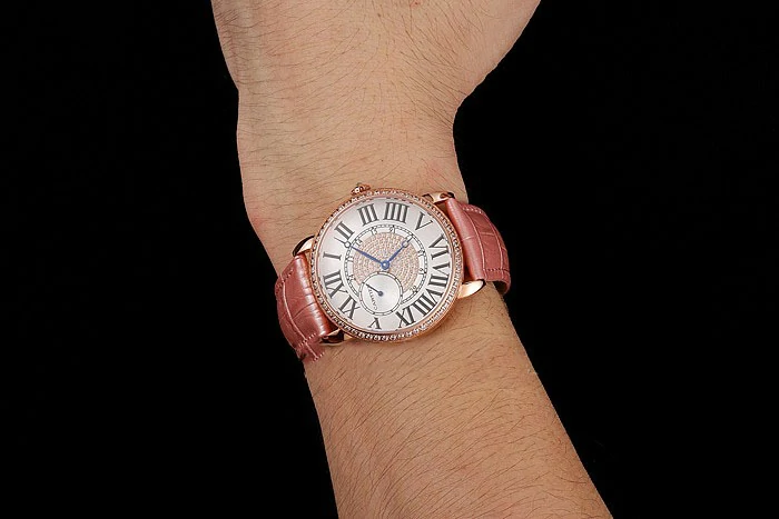 Cartier Ronde Louis Gold Diamond Case White Dial Pink Leather Bracelet new124459