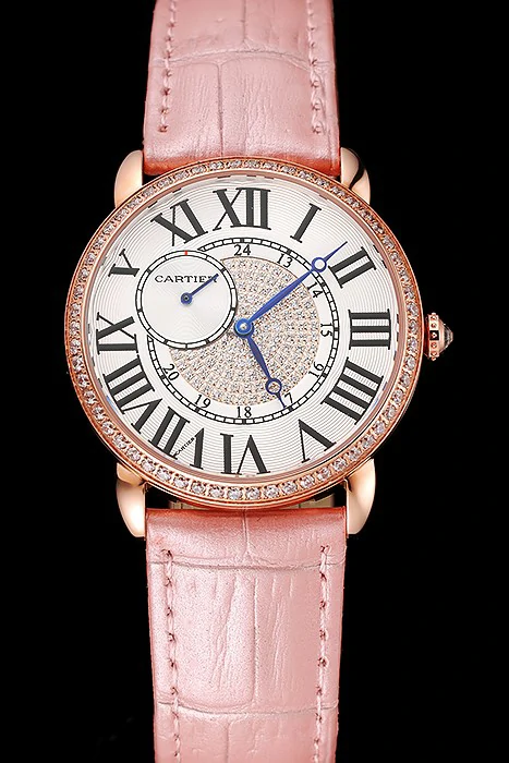 Cartier Ronde Louis Gold Diamond Case White Dial Pink Leather Bracelet new124459