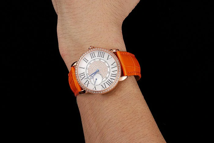 Cartier Ronde Louis Gold Diamond Case White Dial Orange Leather Bracelet new124460