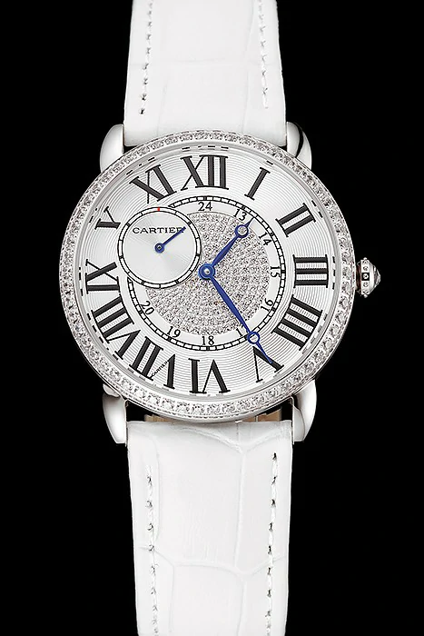 Cartier Ronde Louis Silver Diamond Case White Dial White Leather Bracelet new124462