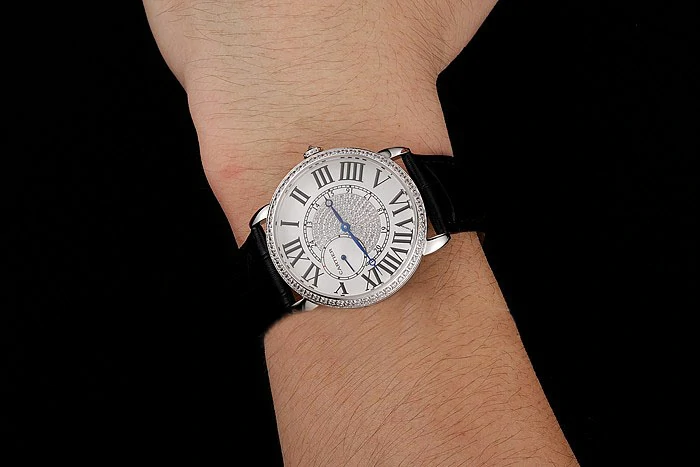 Cartier Ronde Louis Silver Diamond Case White Dial Black Leather Bracelet new124463